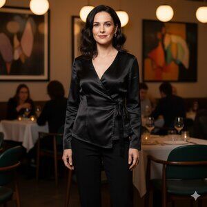 Skin Luxury Black Satin-Like  Wrap Tie Waist Long Sleeve Top – Size 2